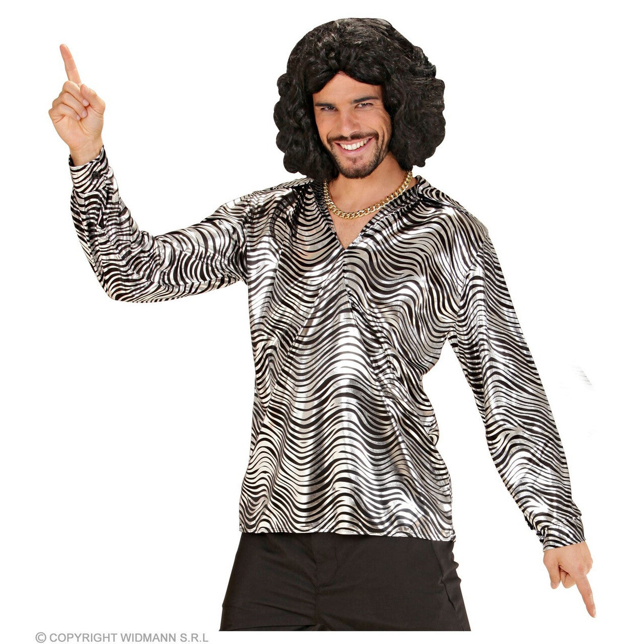 Op deze afbeelding zie je een Kostuums, van het merk Widmann. Exotische Jonathan Disco Shirt Zilver Man