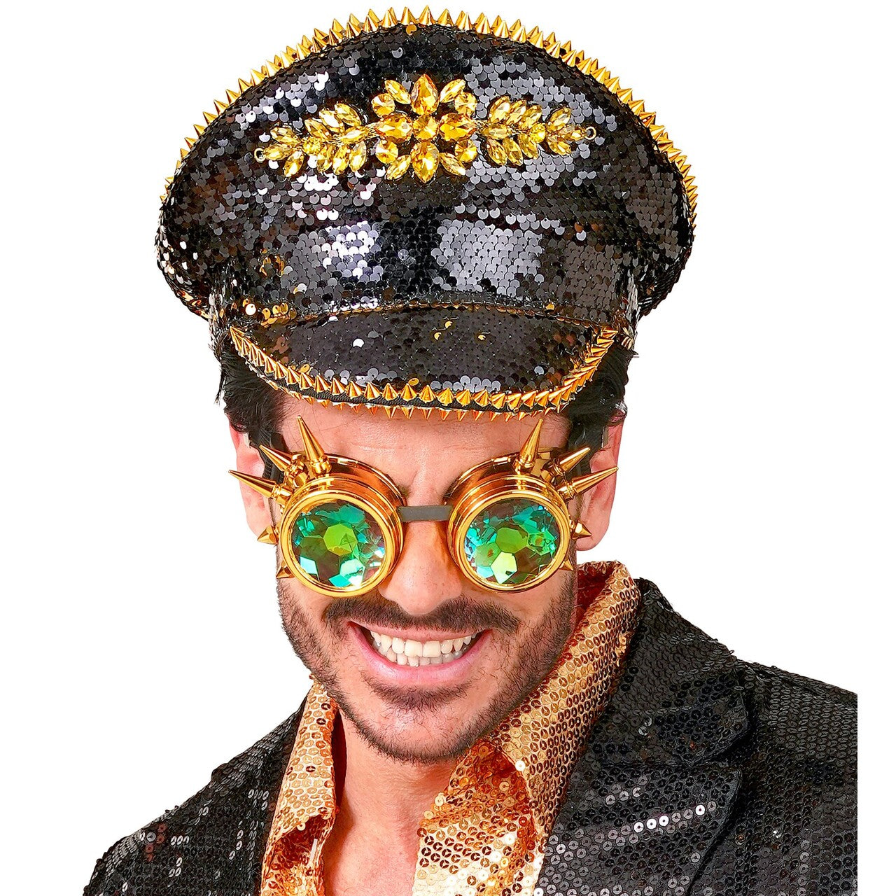 Op deze afbeelding zie je een Accessoires, van het merk Widmann. Zwarte Futuristische Pailletten Pet Met Bril Burning Man