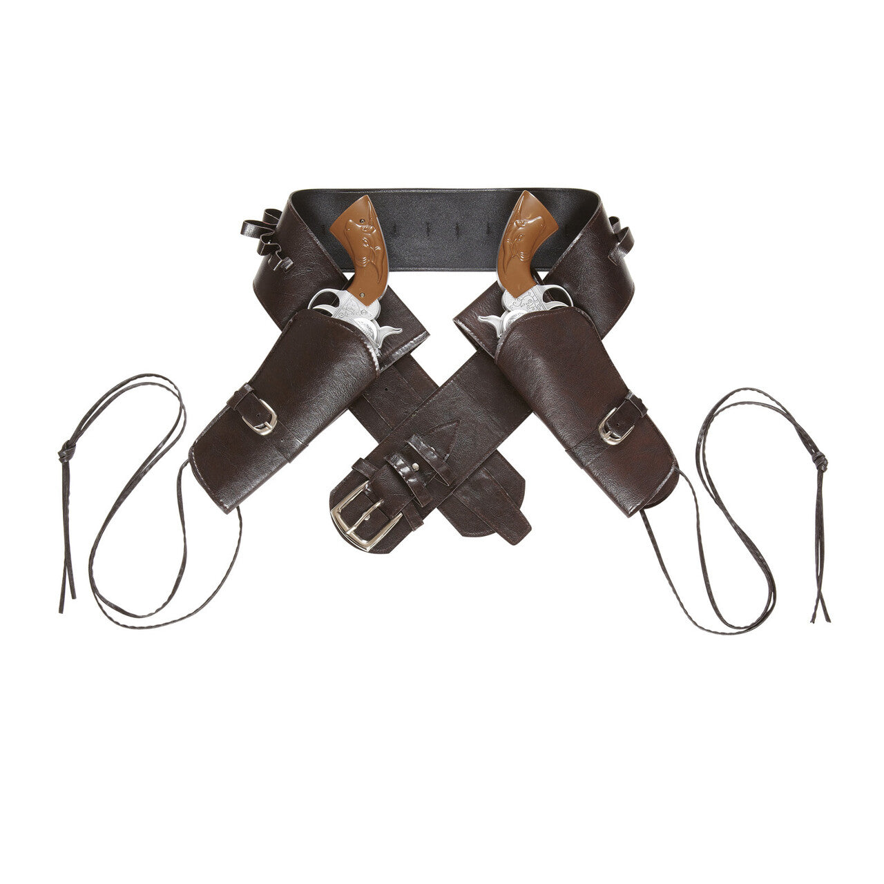 Op deze afbeelding zie je een Accessoires, van het merk Widmann. Saloon Shooter Western Dubbel Holster Met Riem Lederlook , Bruin
