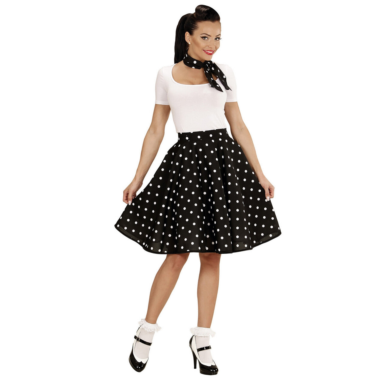 Op deze afbeelding zie je een Kostuums, van het merk Widmann. Black Lady 50s Rock And Roll Rok Met Nekband, Zwarte Stippen Vrouw Kostuum