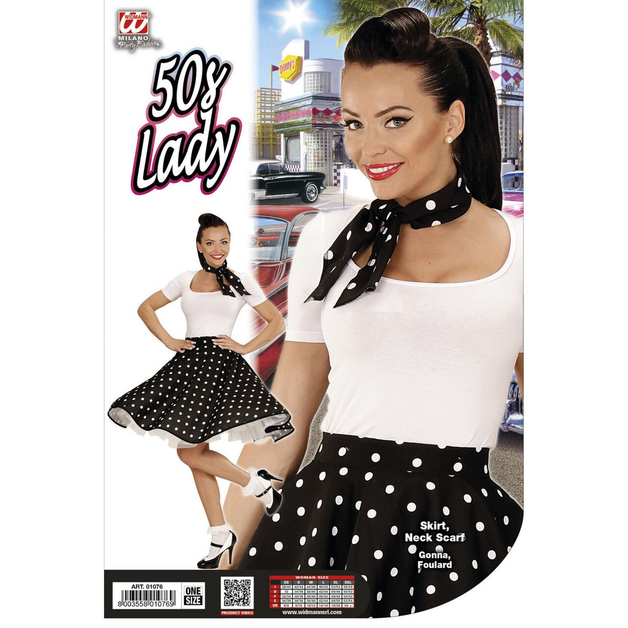 Op deze afbeelding zie je een Kostuums, van het merk Widmann. Black Lady 50s Rock And Roll Rok Met Nekband, Zwarte Stippen Vrouw Kostuum