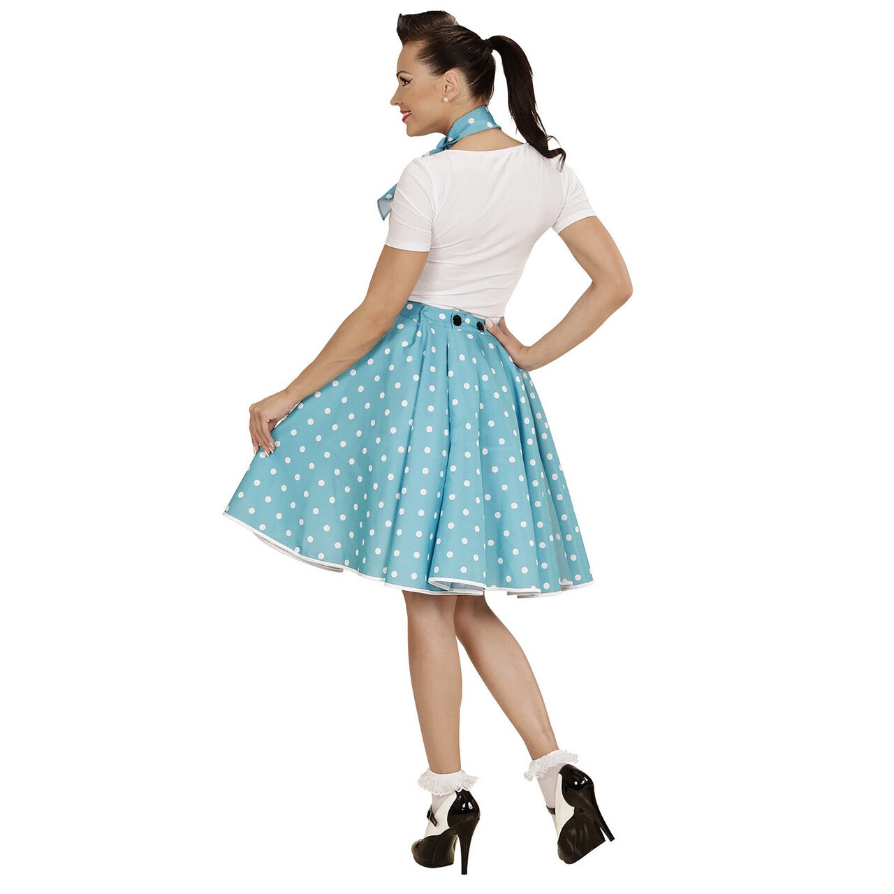 Op deze afbeelding zie je een Kostuums, van het merk Widmann. Sweetie-Pie 50s Rock And Roll Rok Met Nekband, Lichtblauw Vrouw Kostuum