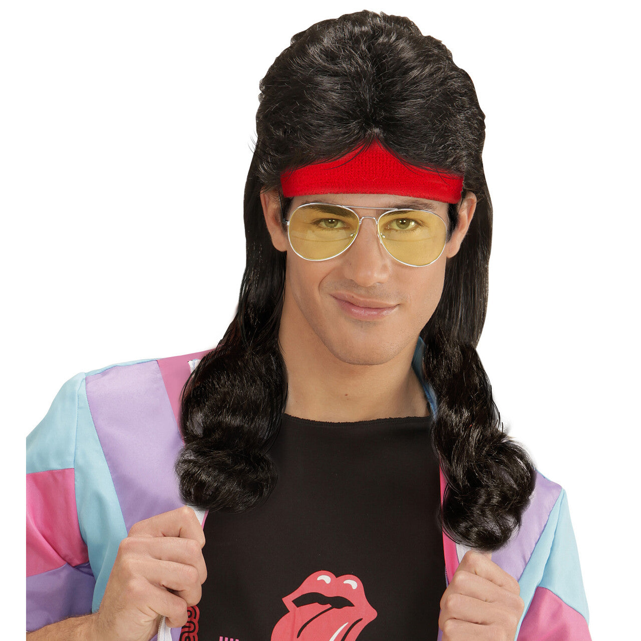 Op deze afbeelding zie je een Accessoires, van het merk Widmann. Sporty Rode Zweetband Met Zwart Gekruld Haar