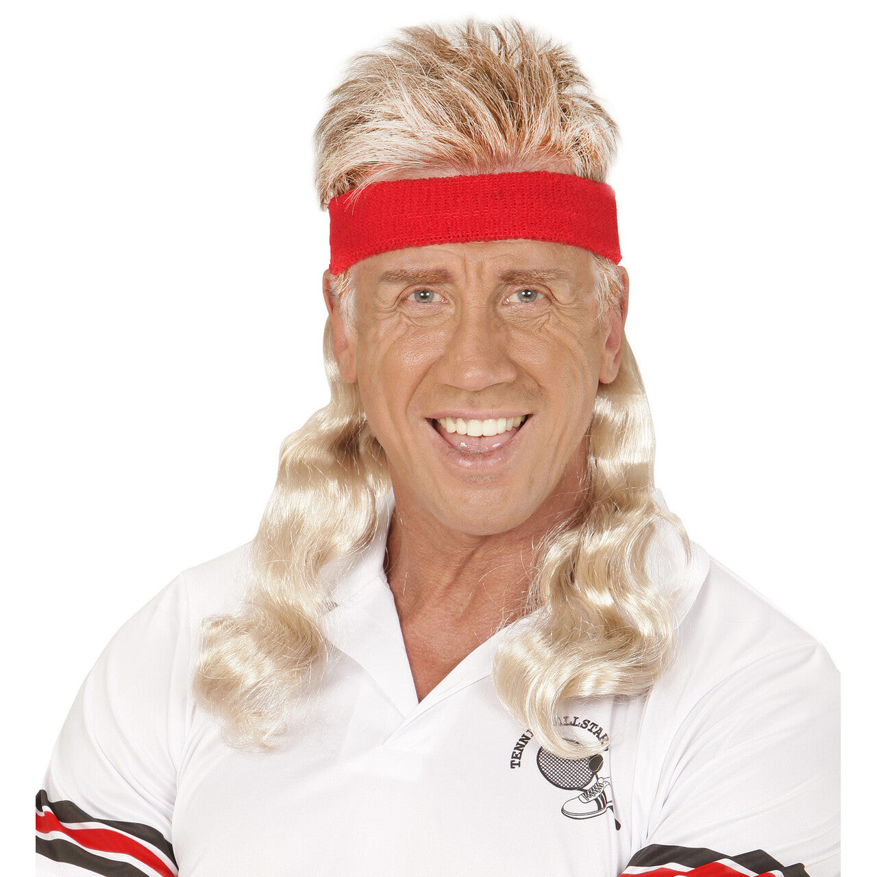 Op deze afbeelding zie je een Accessoires, van het merk Widmann. Sporty Rode Zweetband Met Blond Gekruld Haar