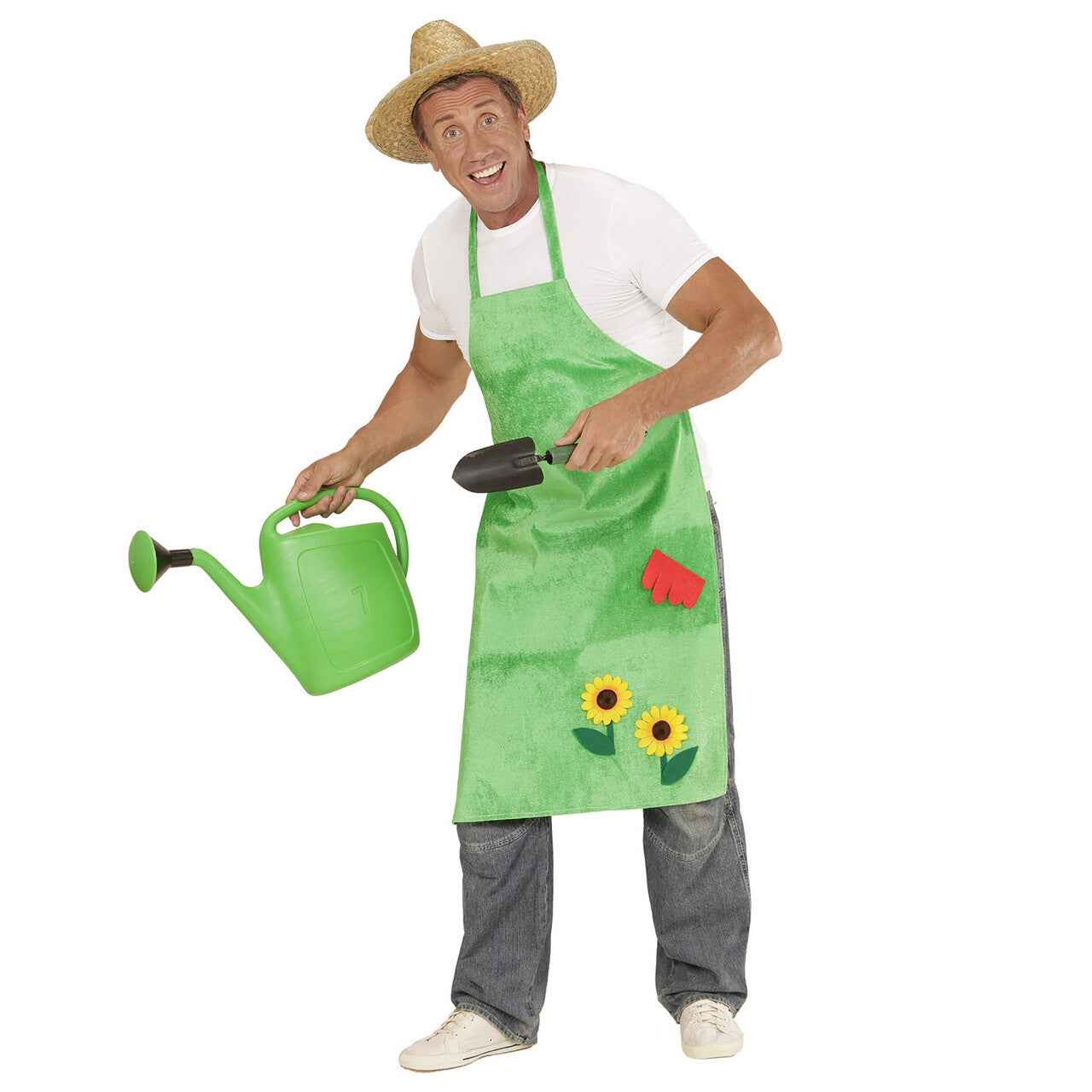 Op deze afbeelding zie je een Kostuums, van het merk Widmann. Schort Tuinman Met Zonnebloemen Ms Greenfingers Kostuum