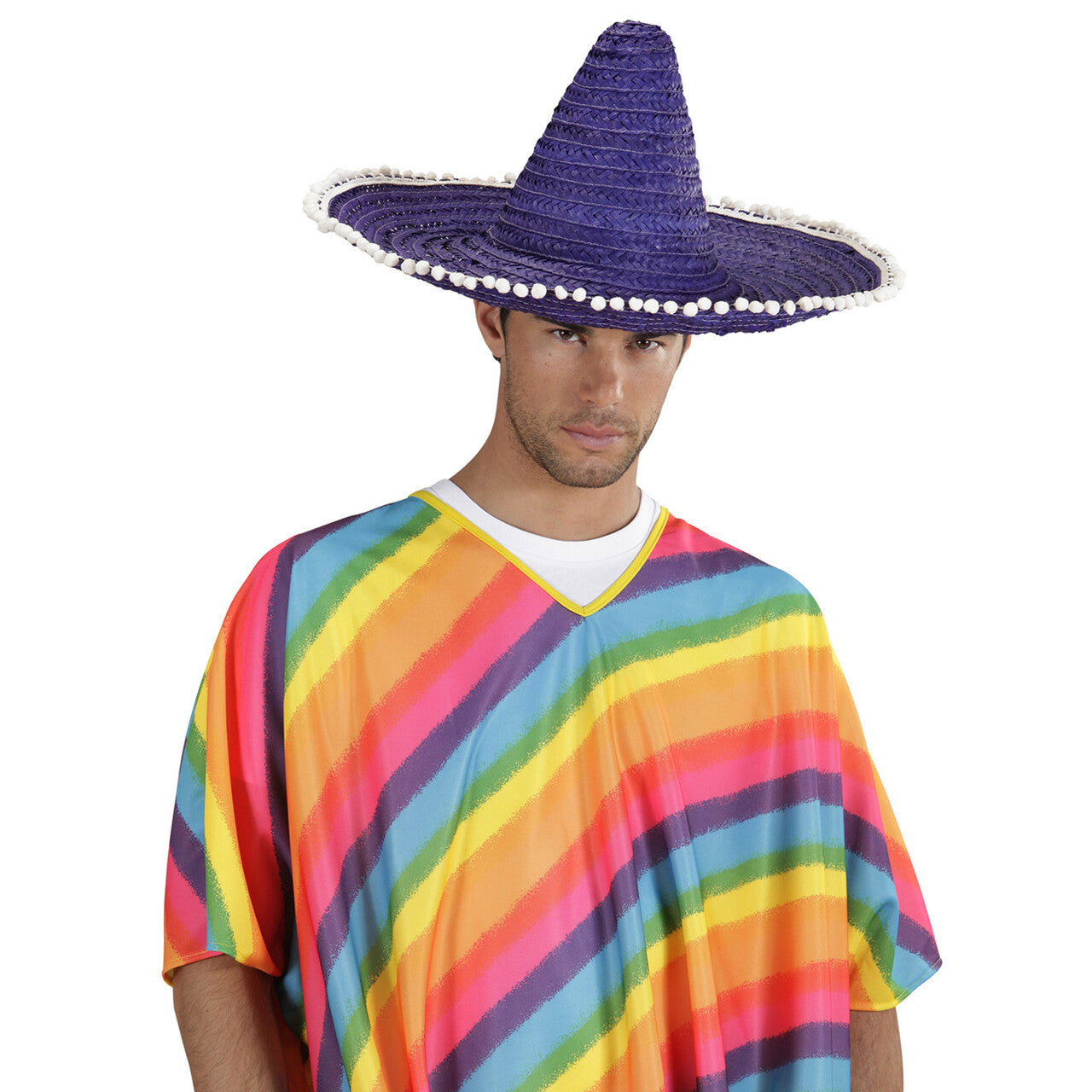 Op deze afbeelding zie je een Accessoires, van het merk Widmann. Sombrero 50cm, Blauw / Paars Met Pom Poms