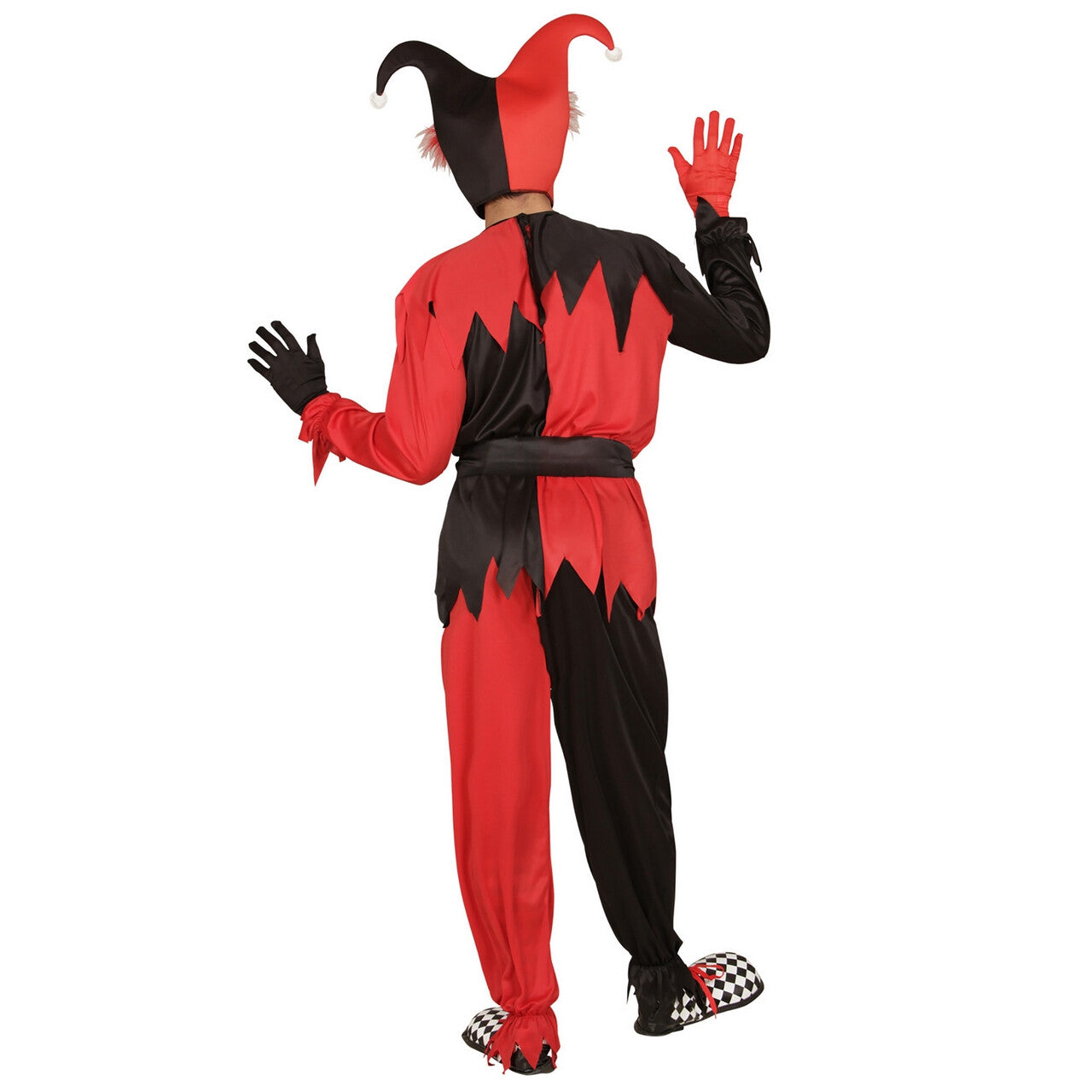 Op deze afbeelding zie je een Kostuums, van het merk Widmann. Jolige Evil Jester Zwart / Rood Man Kostuum