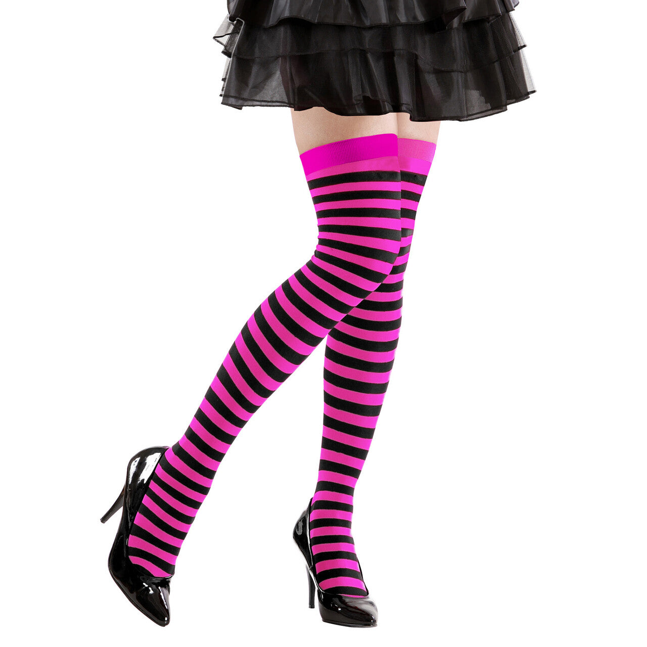 Op deze afbeelding zie je een Accessoires, van het merk Widmann. Kniekousen Roze / Zwart Gestreept