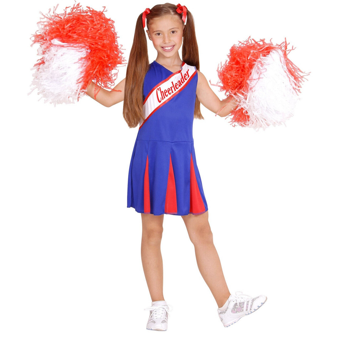 Op deze afbeelding zie je een Kostuums, van het merk Widmann. Amerikaanse Cheerleader Blauw / Rood Meisje Kostuum