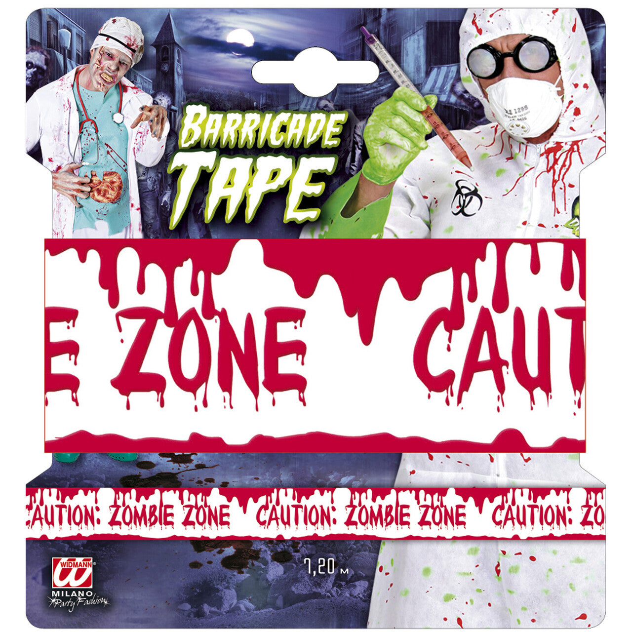Op deze afbeelding zie je een Decoratie, van het merk Widmann. Afzetlint Zombie Zone, 7,20 Meter Zombie Invasion