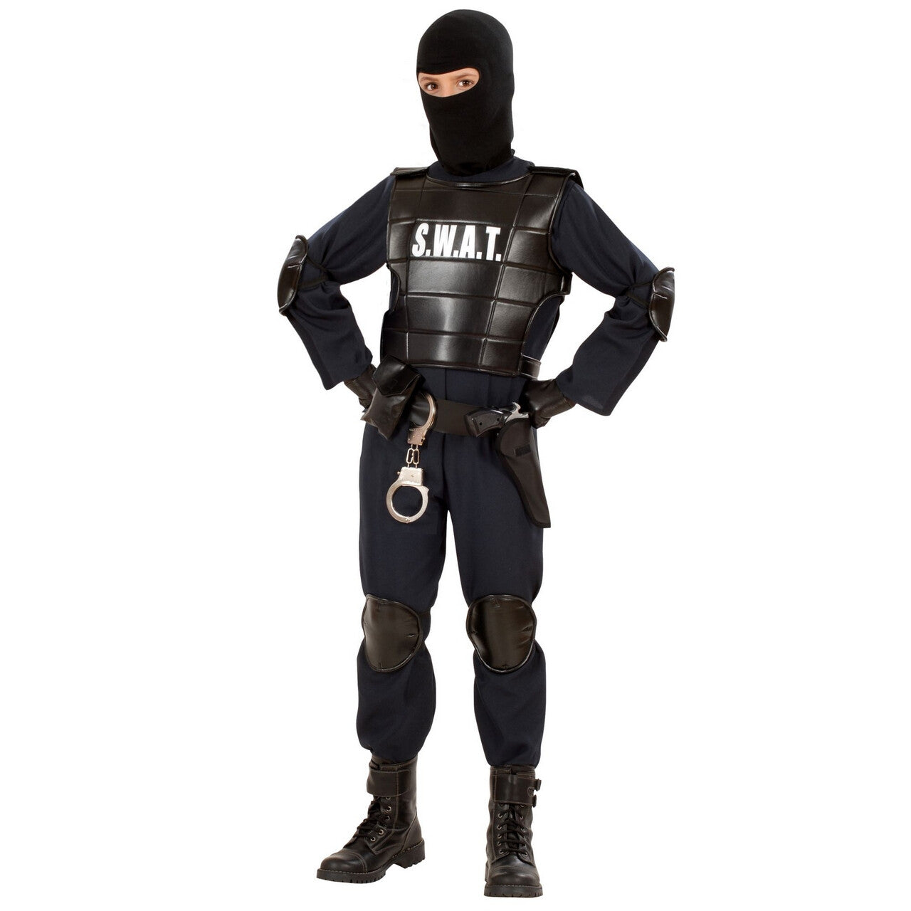 Op deze afbeelding zie je een Kostuums, van het merk Widmann. Officieel Zwart S.w.a.t. Officier M.e.jongen Kostuum