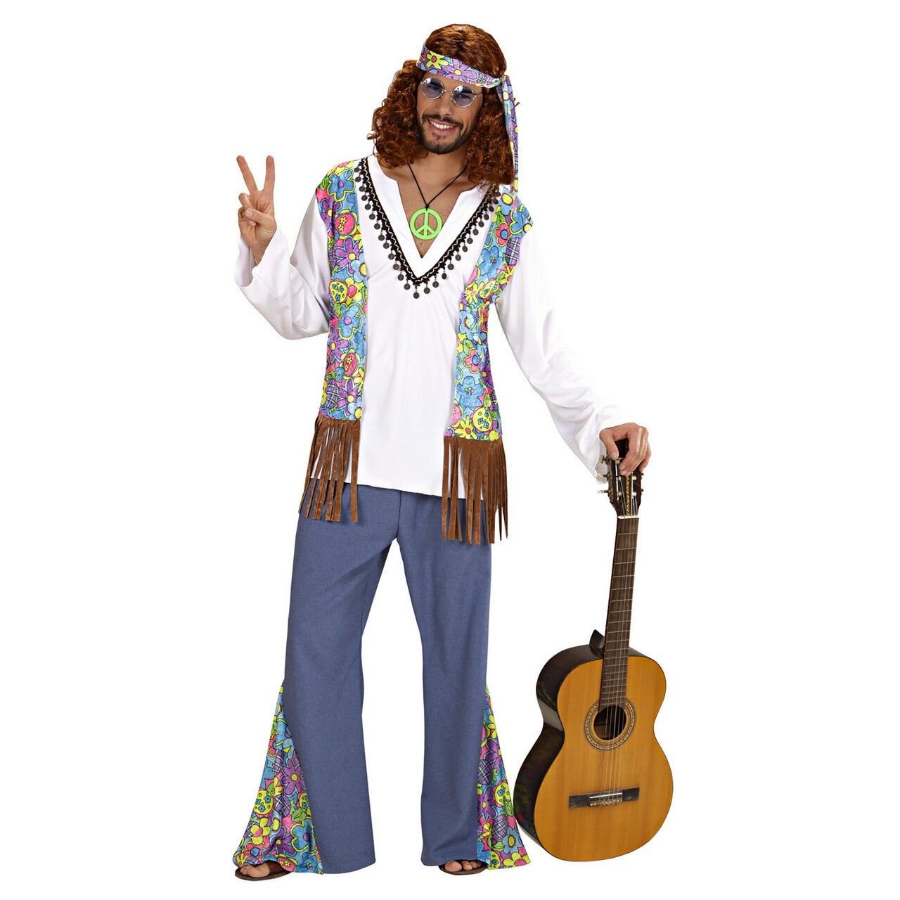 Op deze afbeelding zie je een Kostuums, van het merk Widmann. Hippie Man, Woodstock Lennon Kostuum