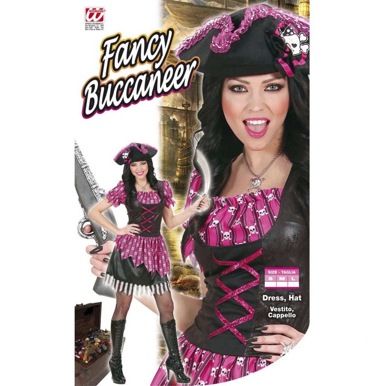 Op deze afbeelding zie je een Kostuums, van het merk Widmann. Sexy Pirate Pink Lady Of The Sea Kostuum Vrouw