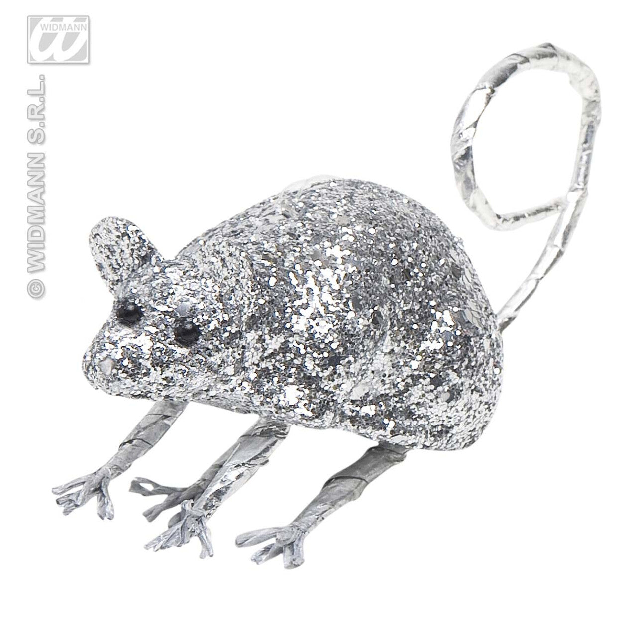 Op deze afbeelding zie je een Decoratie, van het merk Widmann. Glitter Muis Zilver 8,5 Centimeter