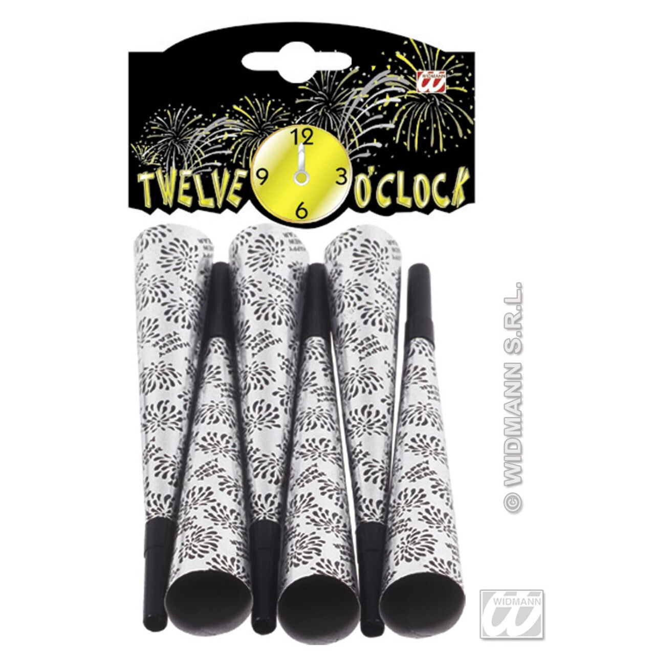 Op deze afbeelding zie je een Accessoires, van het merk Widmann. 6 Happy New Year Toeters 25 Centimeter Zilver
