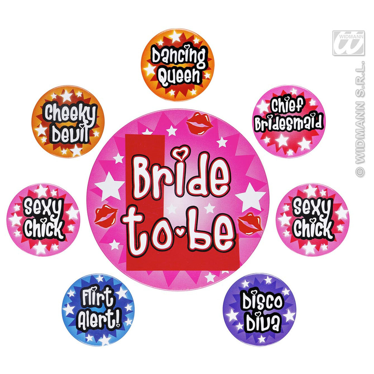 Op deze afbeelding zie je een Accessoires, van het merk Widmann. Set Van 8 Buttons Vrijgezellen Feest Dames