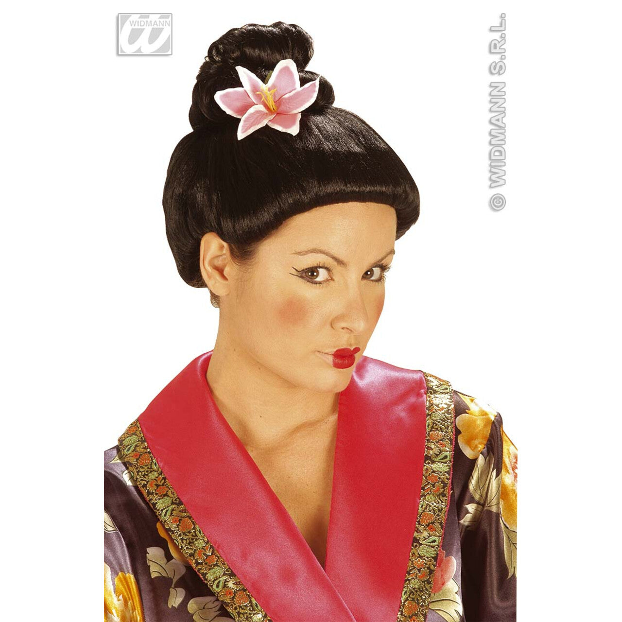 Op deze afbeelding zie je een Accessoires, van het merk Widmann. Pruik, Fujiko Met Bloem