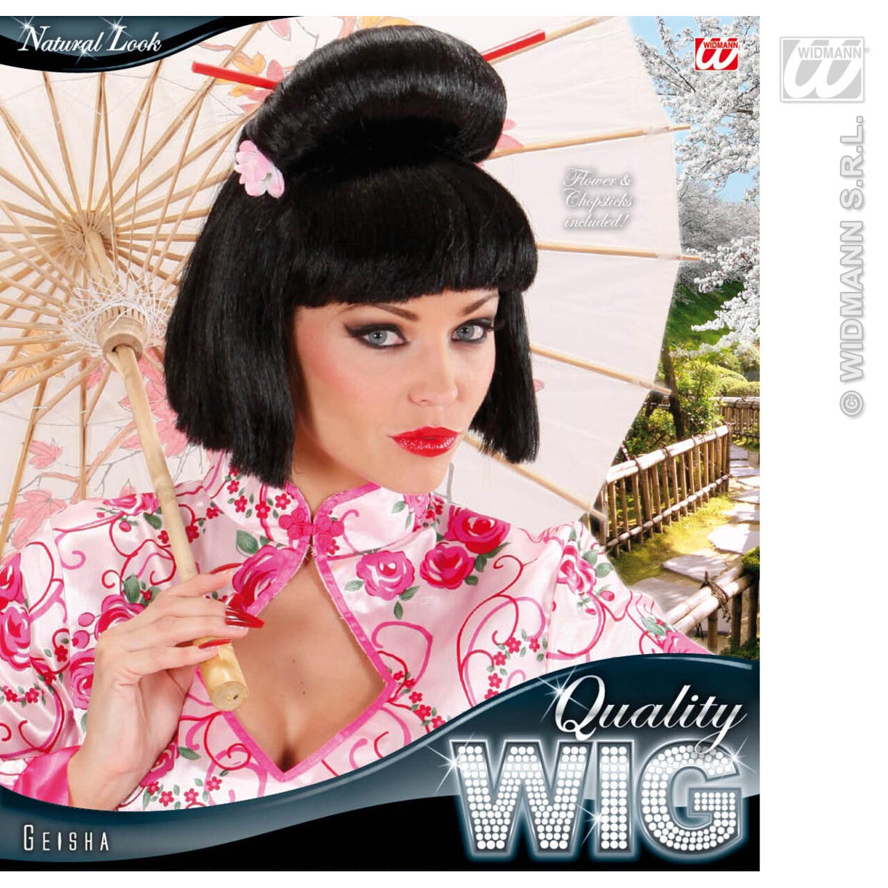 Op deze afbeelding zie je een Accessoires, van het merk Widmann. Pruik, Geisha Met Bloem En Chopsticks