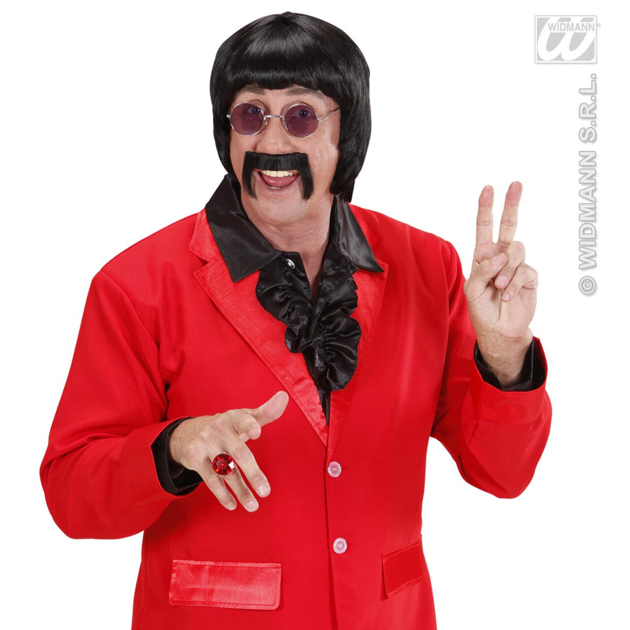 Op deze afbeelding zie je een Accessoires, van het merk Widmann. Pruik, Popster 60s Zwart Met Snor En Bril