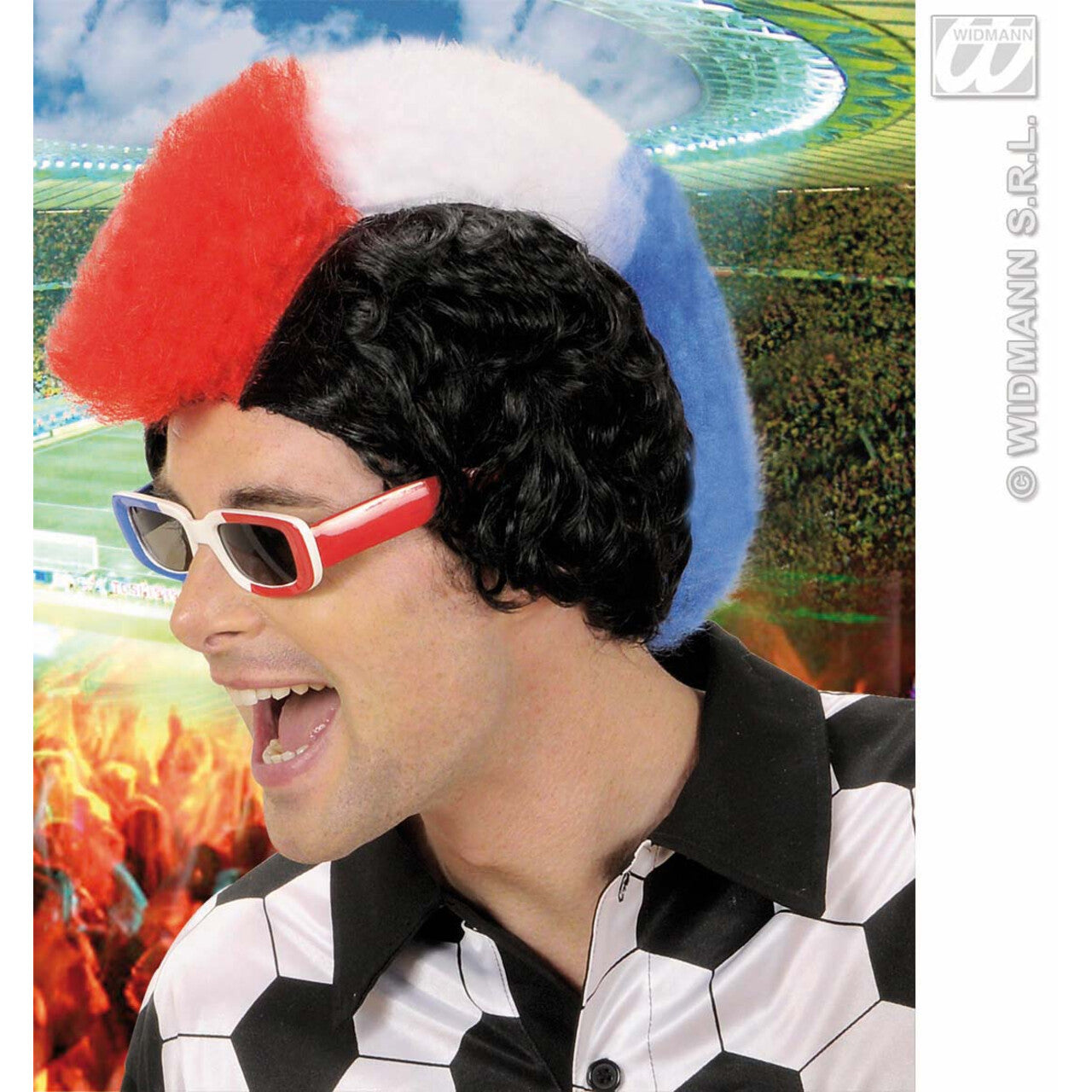 Op deze afbeelding zie je een Accessoires, van het merk Widmann. Pruik, Supporter Frankrijk / Nederland Man