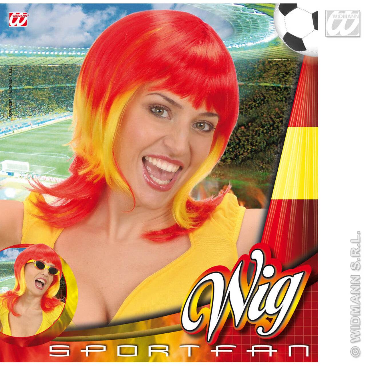 Op deze afbeelding zie je een Accessoires, van het merk Widmann. Pruik, Supporter Spanje Vrouw
