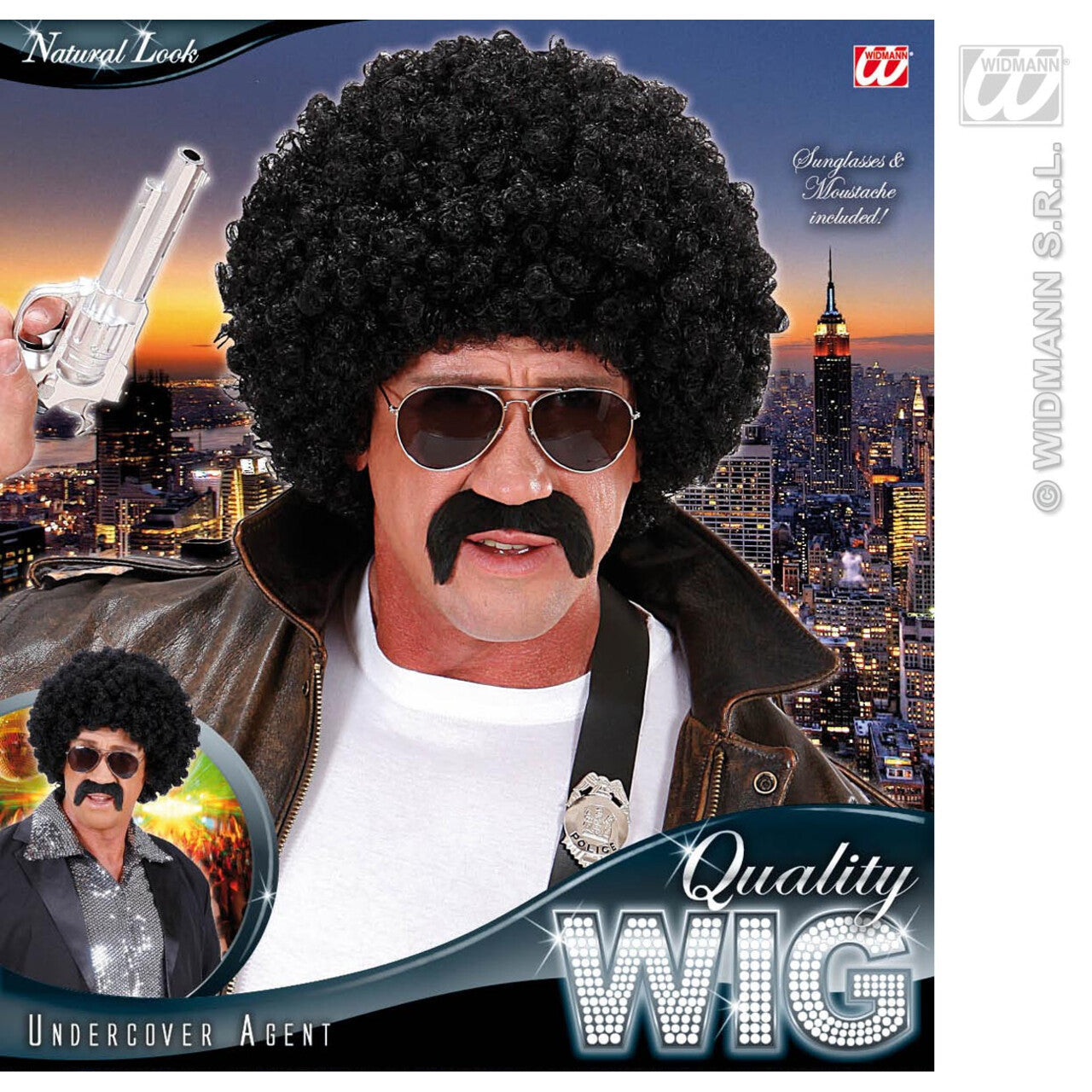 Op deze afbeelding zie je een Accessoires, van het merk Widmann. Pruik, Undercover Agent Zwarte Krul Met Snor En Bril