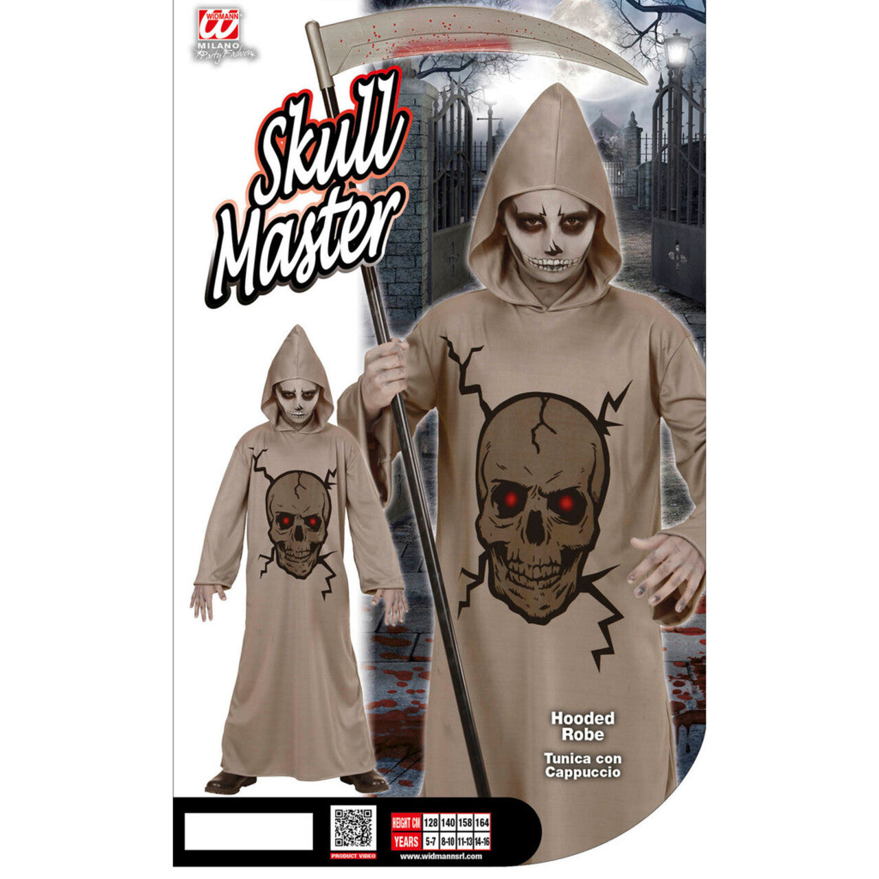 Op deze afbeelding zie je een Kostuums, van het merk Widmann. Grijze Dood Schedel Meester Jongen Kostuum