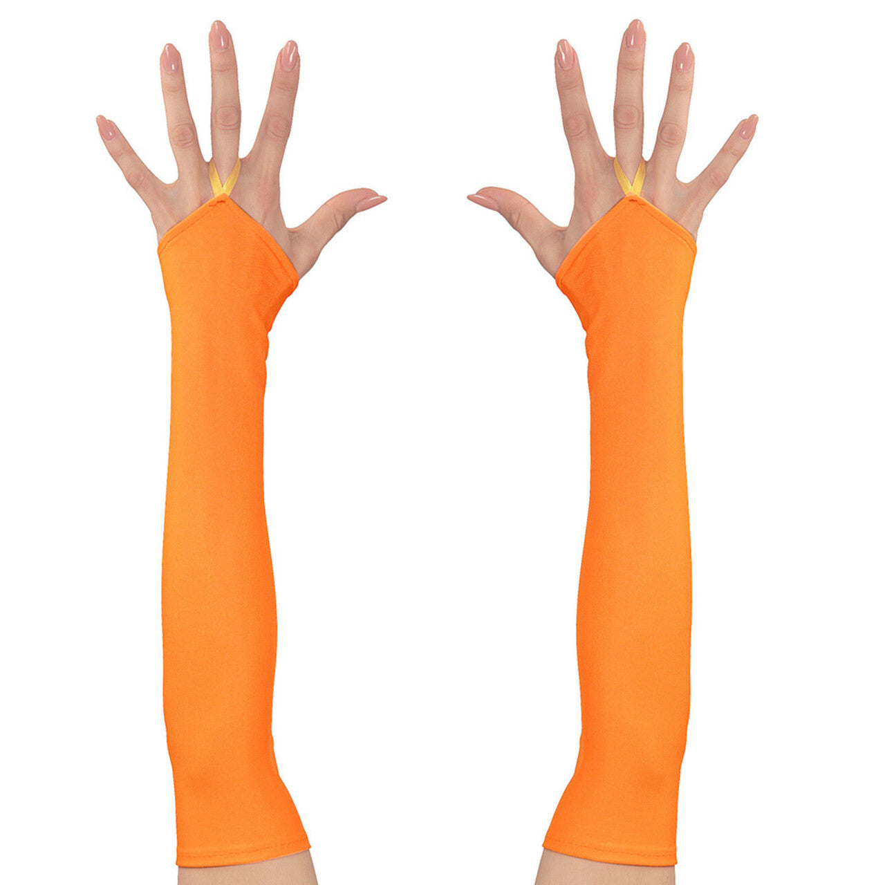 Op deze afbeelding zie je een Accessoires, van het merk Widmann. Tachtiger Jaren Vingerloze Handschoenen Satijn, Neon Oranje