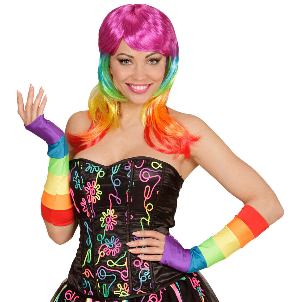 Op deze afbeelding zie je een Accessoires, van het merk Widmann. Tachtiger Jaren Vingerloze Handschoenen Satijn, Regenboog Kleuren