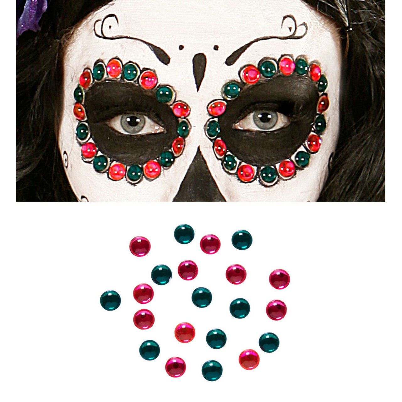 Op deze afbeelding zie je een Accessoires, van het merk Widmann. Opplak Set Van 40 Oog Edelstenen, Roze / Groen