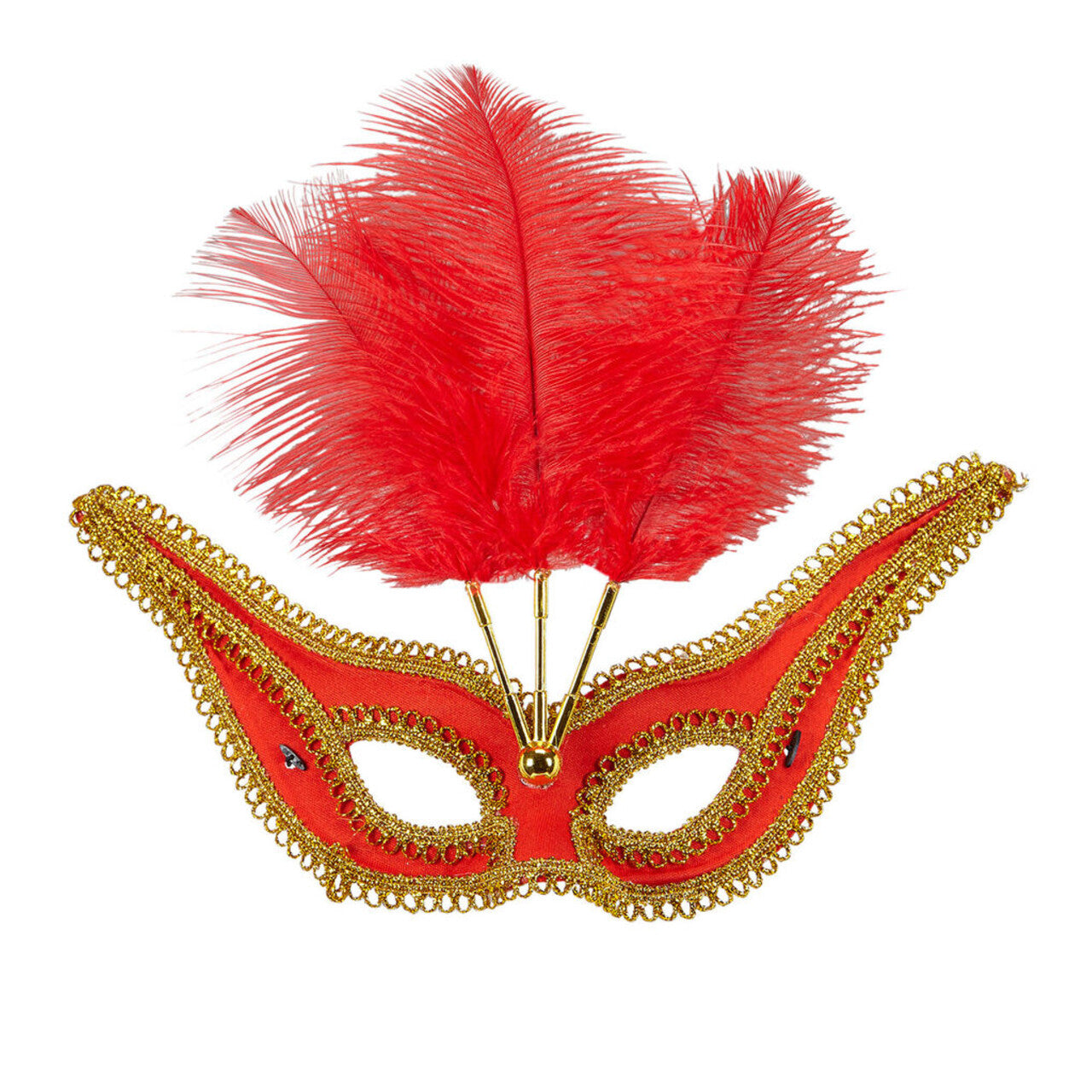 Op deze afbeelding zie je een Accessoires, van het merk Widmann. Uitbundig Oogmasker Rood Met Goud En Veren