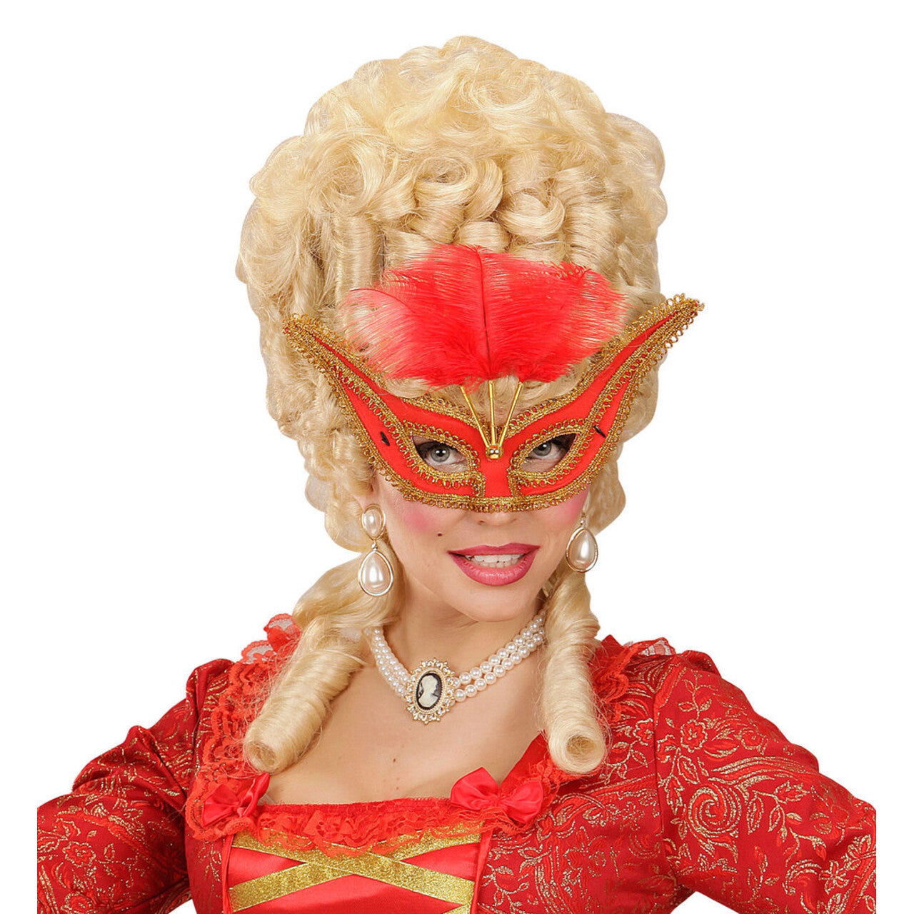 Op deze afbeelding zie je een Accessoires, van het merk Widmann. Uitbundig Oogmasker Rood Met Goud En Veren