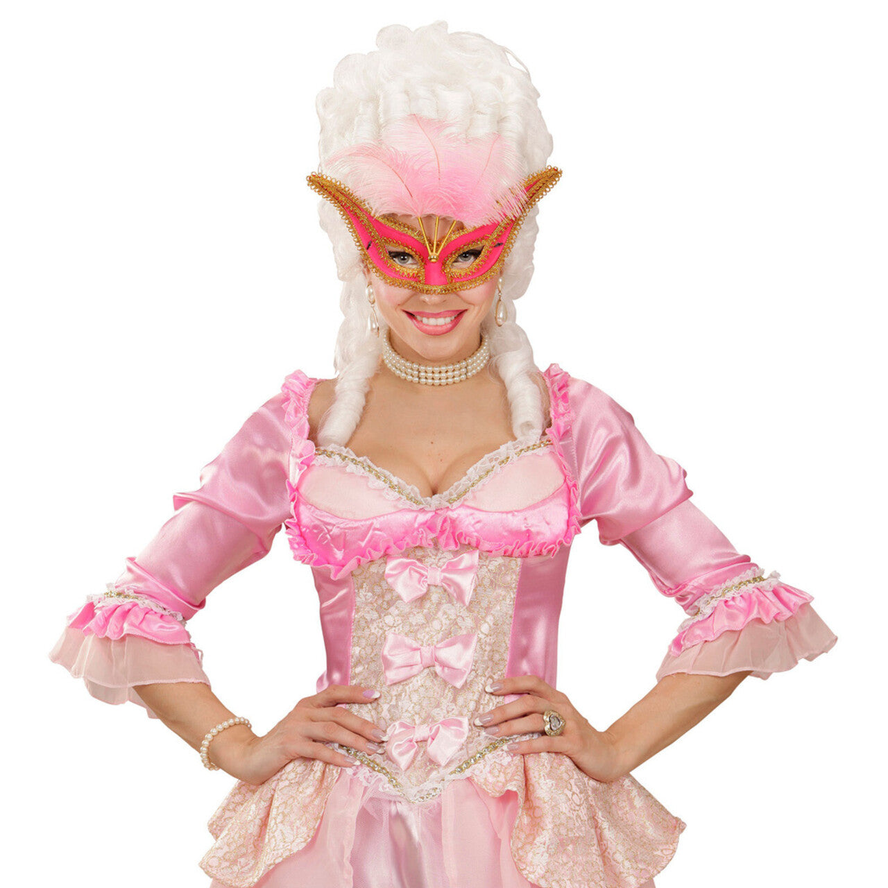 Op deze afbeelding zie je een Accessoires, van het merk Widmann. Uitbundig Oogmasker Roze Met Goud En Veren