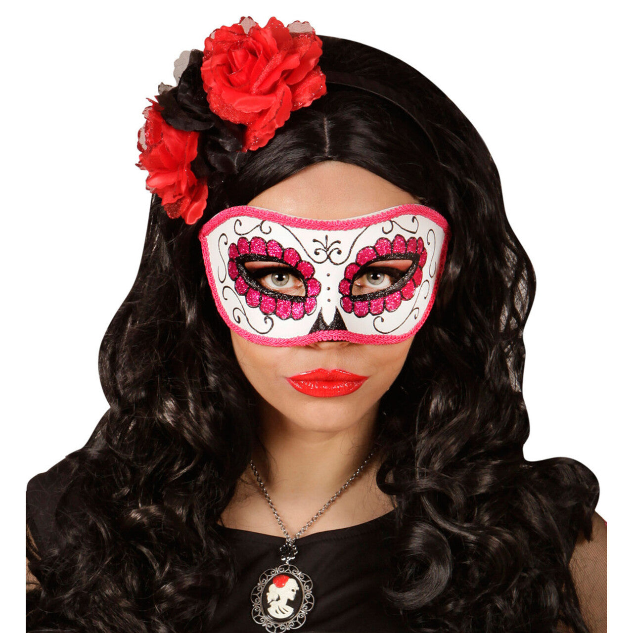 Op deze afbeelding zie je een Accessoires, van het merk Widmann. Mexicaans Oogmasker Dia De Los Muertos Zwart & Roze