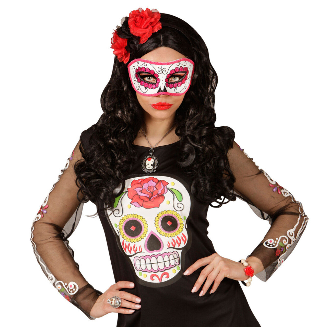 Op deze afbeelding zie je een Accessoires, van het merk Widmann. Mexicaans Oogmasker Dia De Los Muertos Zwart & Roze