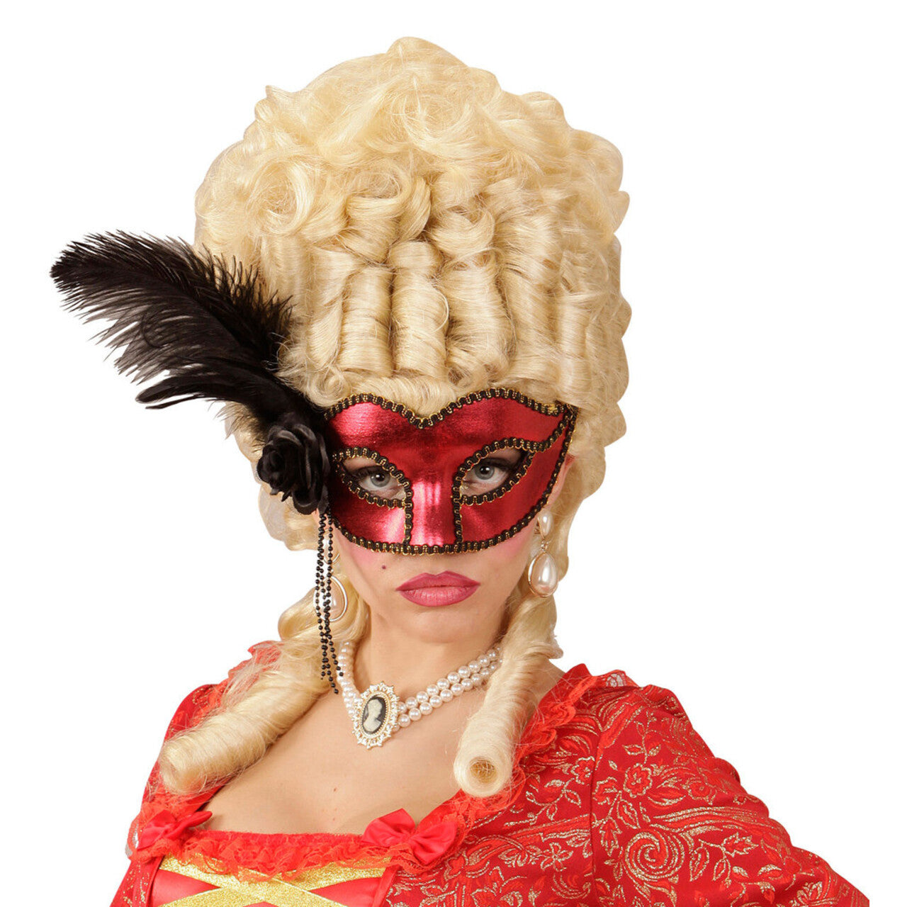 Op deze afbeelding zie je een Accessoires, van het merk Widmann. Signorina Oogmasker Venetie Rood Met Veren