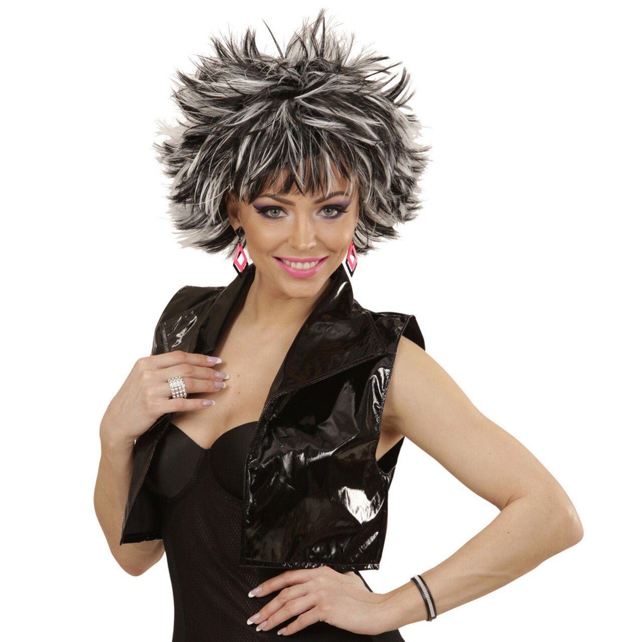 Op deze afbeelding zie je een Accessoires, van het merk Widmann. Punk Chick Pruik, Steamy Zwart / Wit