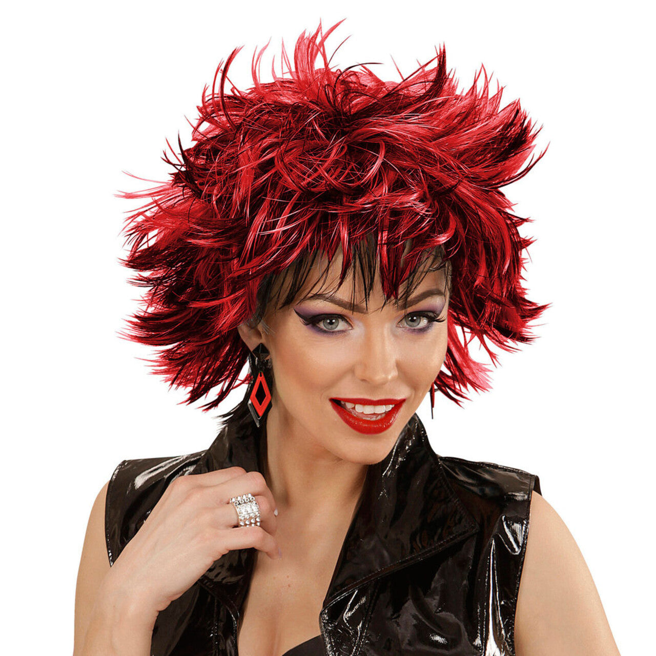 Op deze afbeelding zie je een Accessoires, van het merk Widmann. Punk Chick Pruik, Steamy Zwart / Rood