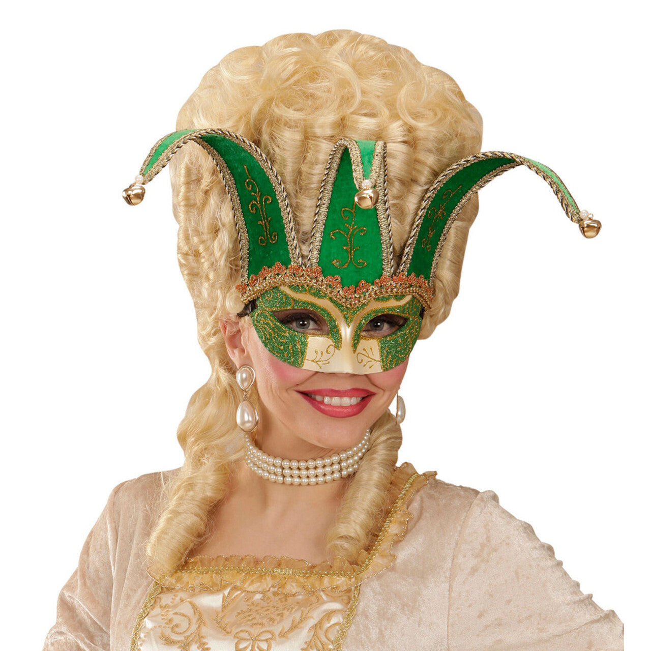Op deze afbeelding zie je een Accessoires, van het merk Widmann. Nar Oogmasker, Joker Met Decoratie Glitters, Groen