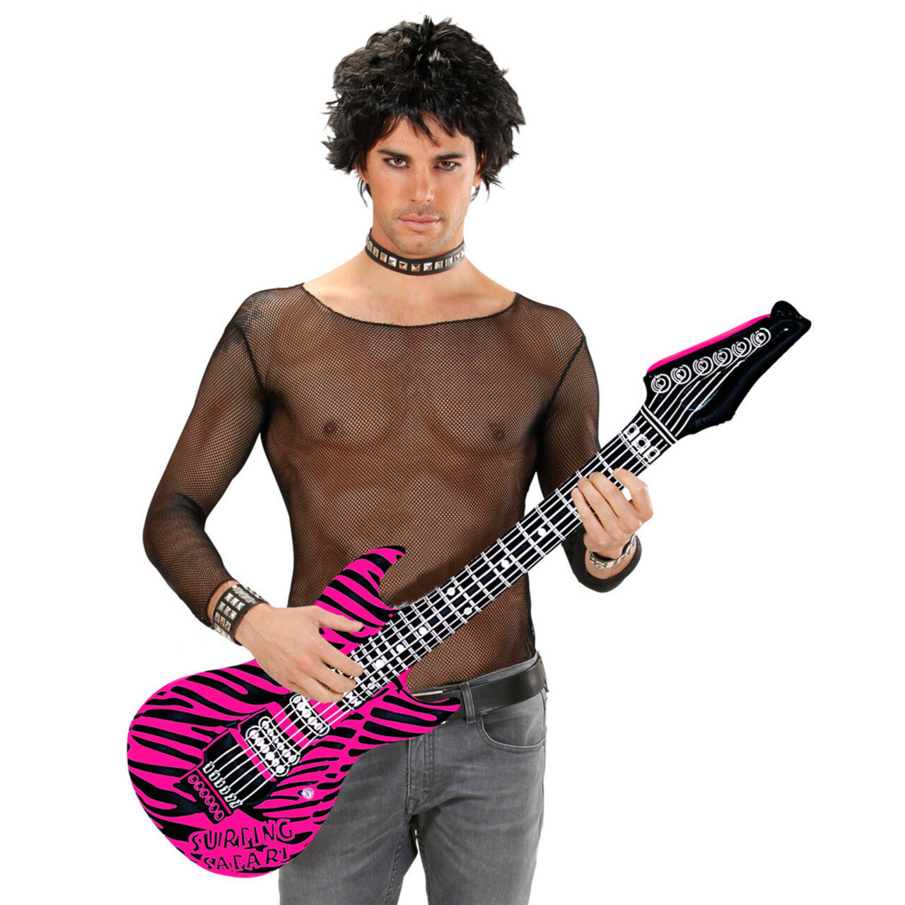 Op deze afbeelding zie je een Accessoires, van het merk Widmann. Grappige Opblaasbare Gitaar Zebra Roze 105 Centimeter