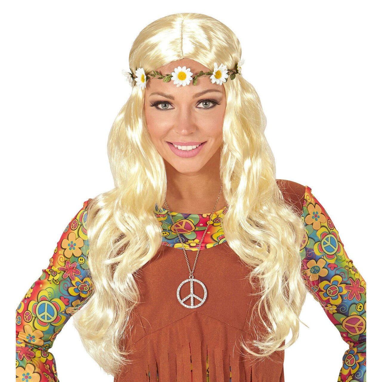 Op deze afbeelding zie je een Accessoires, van het merk Widmann. Curly Carla Pruik, Hippie / Middeleeuwen Blond Met Bloemen Hoofdband