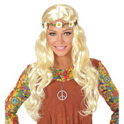 Op deze afbeelding zie je een Accessoires, van het merk Widmann. Curly Carla Pruik, Hippie / Middeleeuwen Blond Met Bloemen Hoofdband