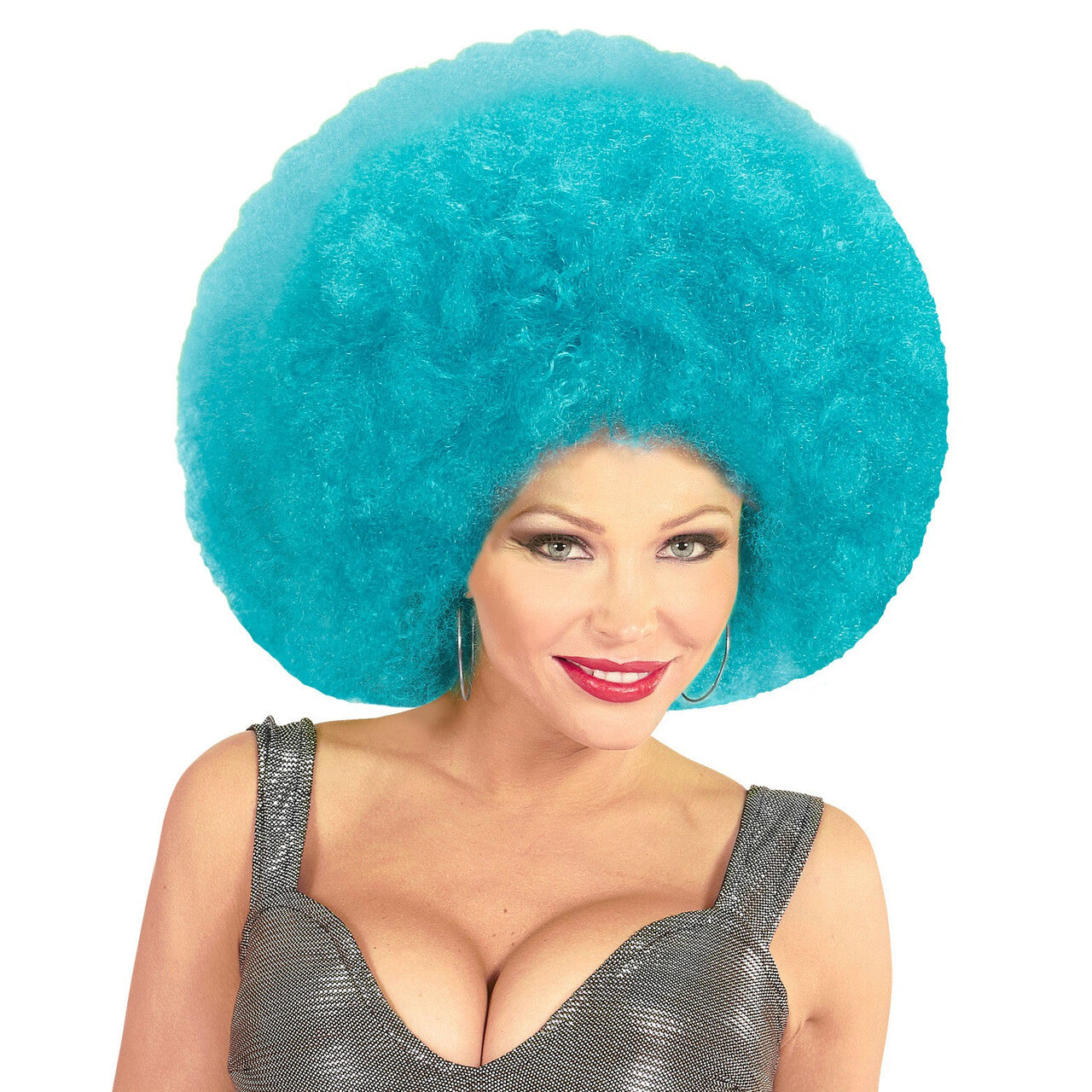 Op deze afbeelding zie je een Accessoires, van het merk Widmann. Soul Diva Pruik, Afro Extra Groot Azuur