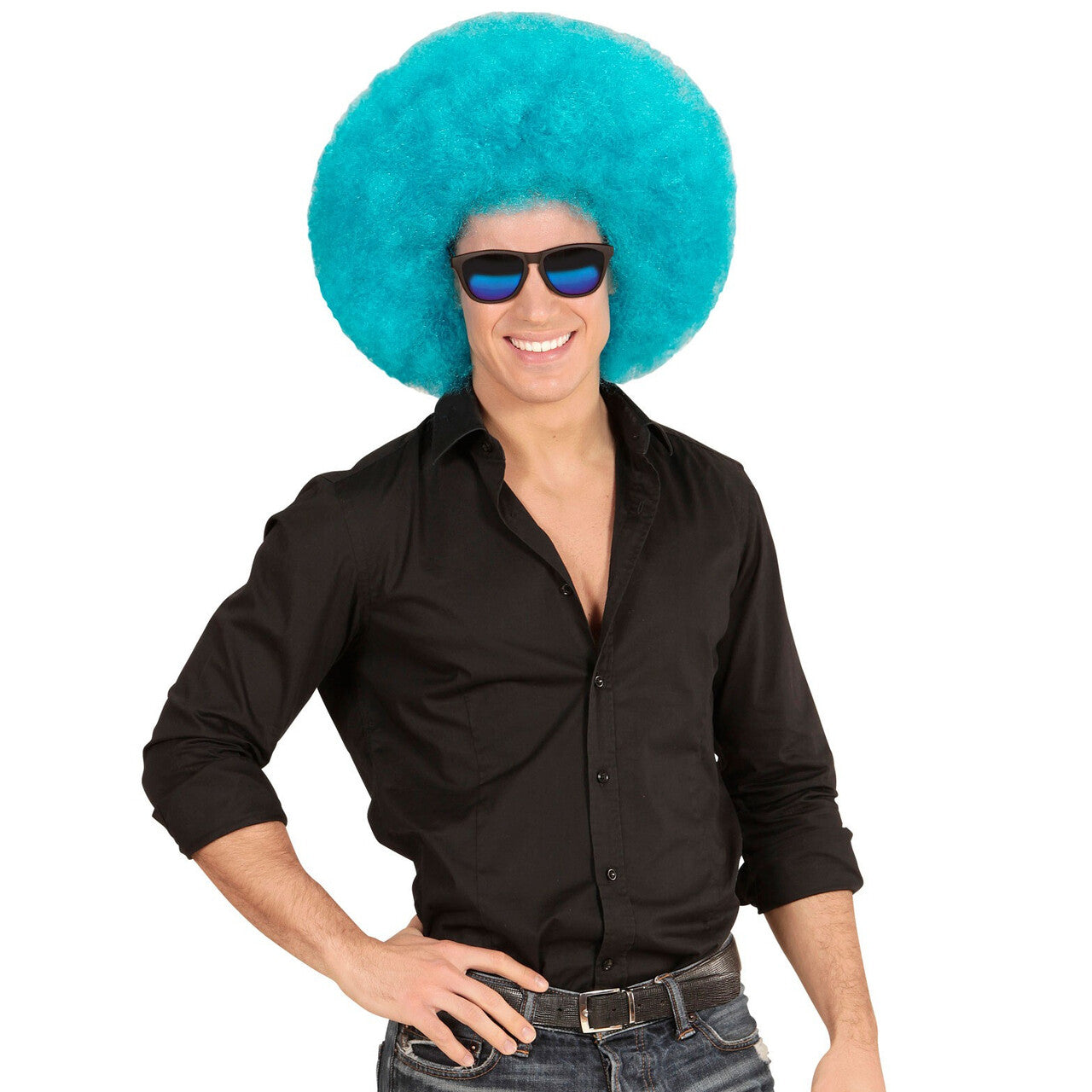 Op deze afbeelding zie je een Accessoires, van het merk Widmann. Soul Diva Pruik, Afro Extra Groot Azuur