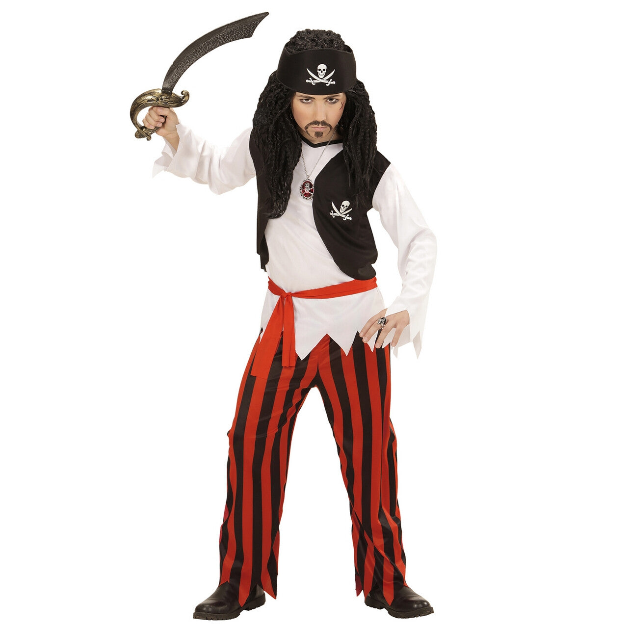 Op deze afbeelding zie je een Kostuums, van het merk Widmann. Zwart-Rode Piraten Jongen Kostuum