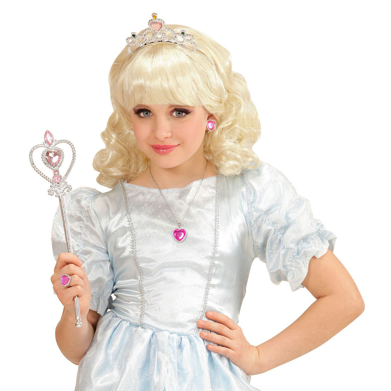 Op deze afbeelding zie je een Accessoires, van het merk Widmann. Prinses Ketting, Oorbellen, Ring Strass Roze