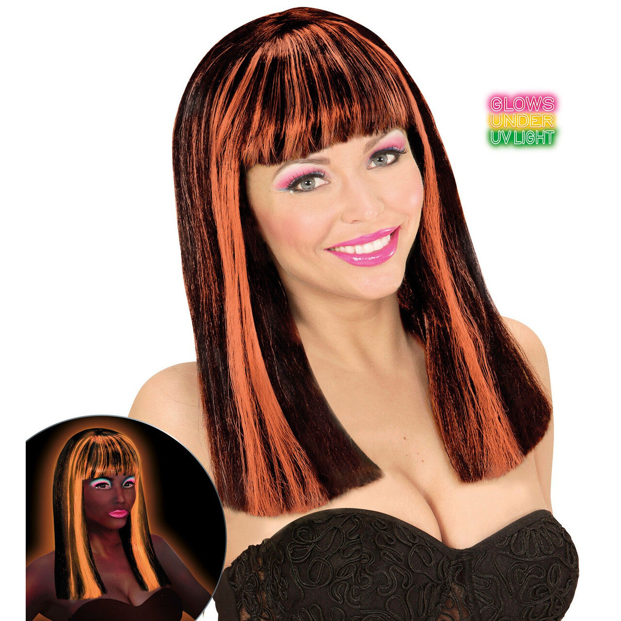 Op deze afbeelding zie je een Accessoires, van het merk Widmann. Lange Pruik, Patsy Neon Oranje Strepen