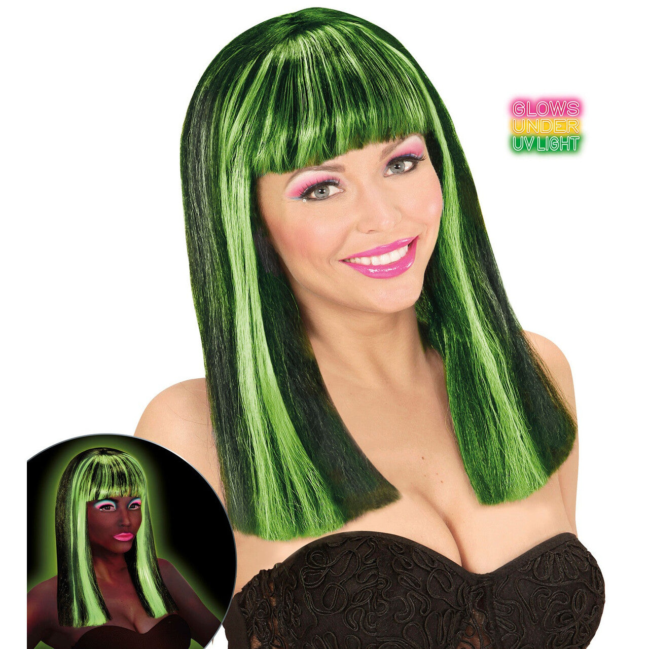 Op deze afbeelding zie je een Accessoires, van het merk Widmann. Lange Pruik, Patsy Neon Groen Strepen