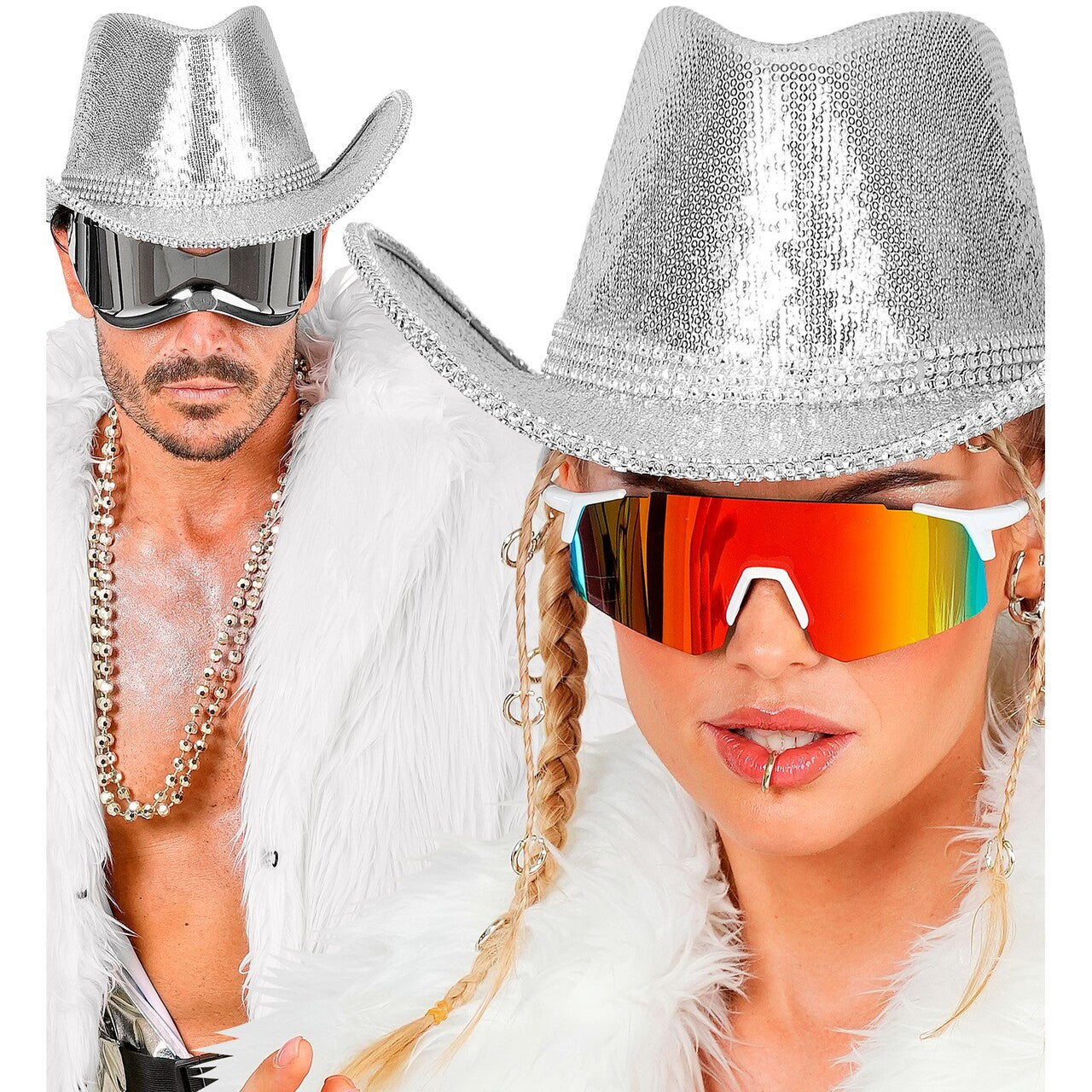Op deze afbeelding zie je een Accessoires, van het merk Widmann. Zilveren Glitter Cowboyhoed Met Strass
