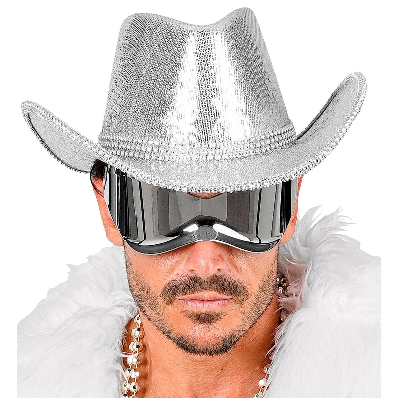 Op deze afbeelding zie je een Accessoires, van het merk Widmann. Zilveren Glitter Cowboyhoed Met Strass
